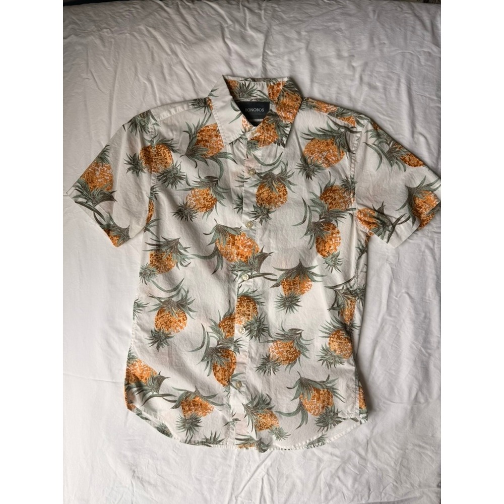 Bonobos Mens XS Slim Fit Pineapple Print Short Sleeve Button Down Shirt White